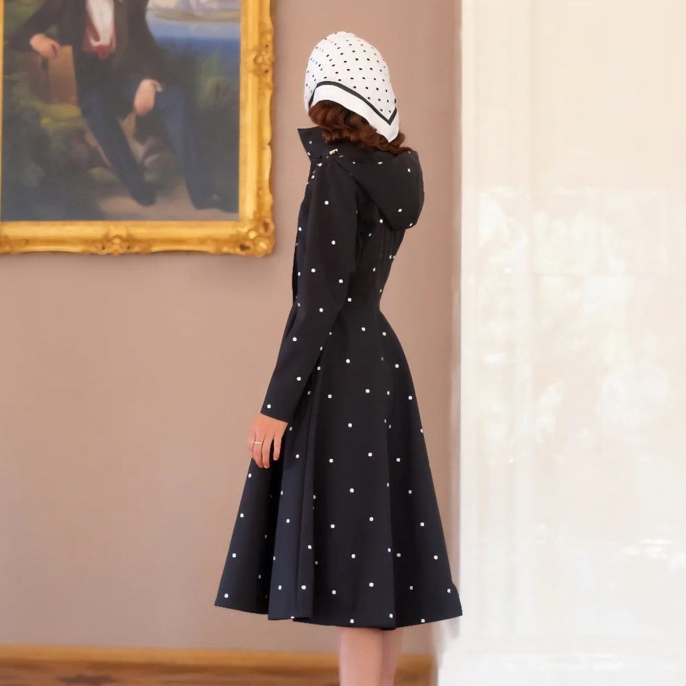 RainSisters Fit and Flare Coat with A-Line Skirt in Black | Timeless Polka Dots - Picture 3 of 6